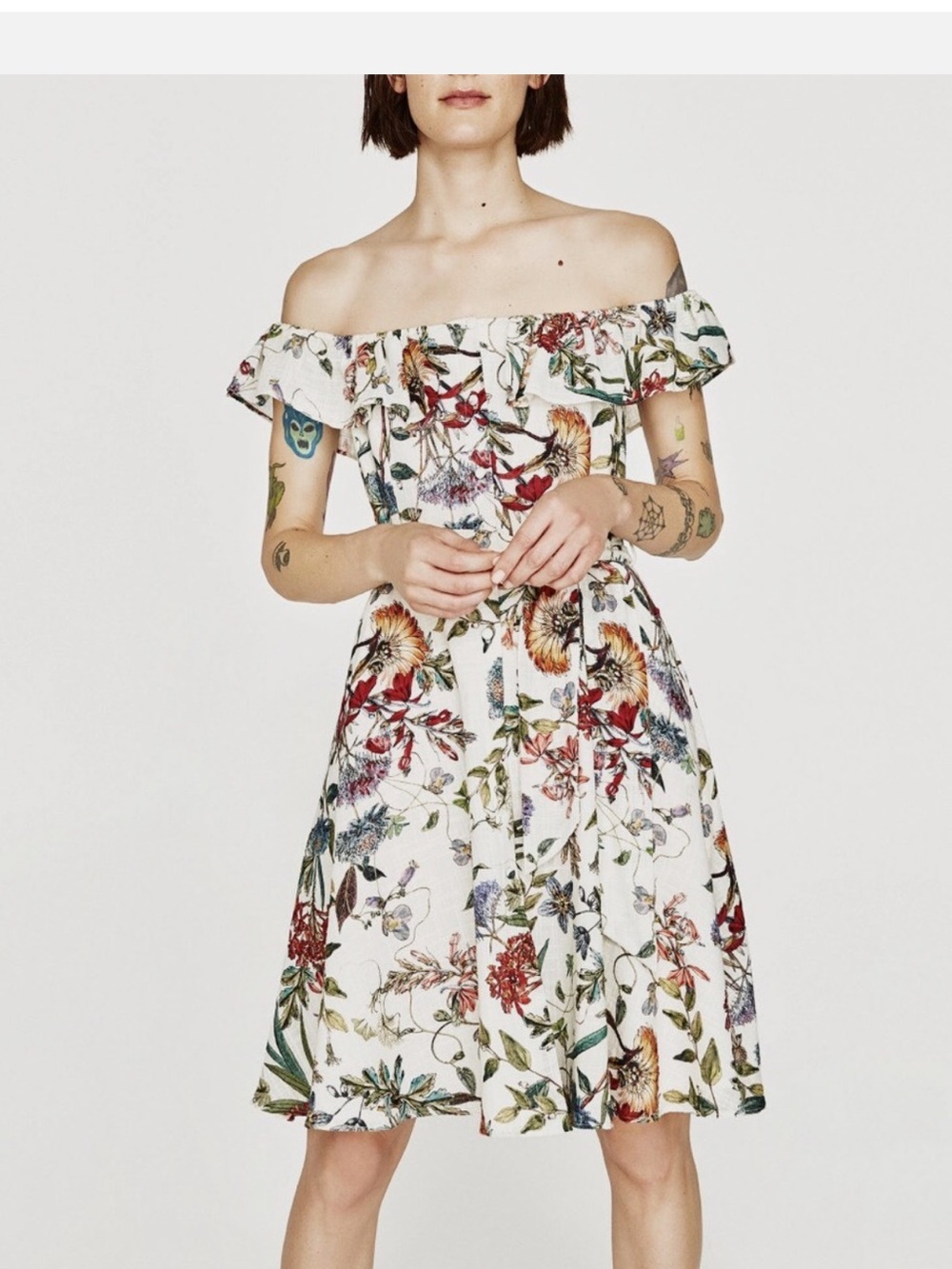 Zara Cream Floral Midi Dress with Red, Green & Blue Print | Size XS/S